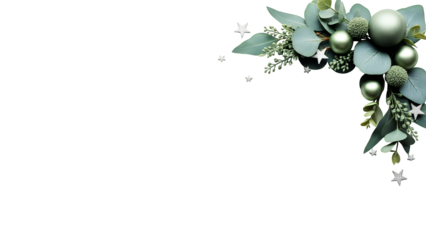 Elegant christmas corner decor with eucalyptus leaves, green baubles, and silver stars, festive greeting card design for holiday projects