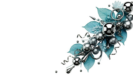 Elegant winter holiday corner decoration with metallic silver baubles, rings, and frosty blue leaves, isolated on white