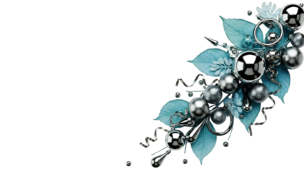 Elegant winter holiday corner decoration with metallic silver baubles, rings, and frosty blue leaves, isolated on white
