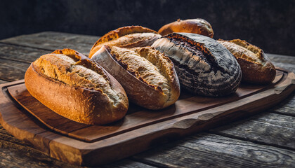 Assortment of fresh artisanal sourdough bread loaves on a rustic wooden board.