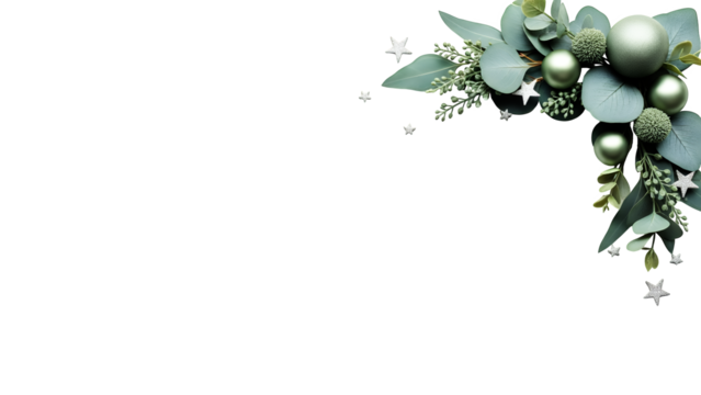 Elegant christmas corner decor with eucalyptus leaves, green baubles, and silver stars, festive greeting card design for holiday projects - Powered by Adobe