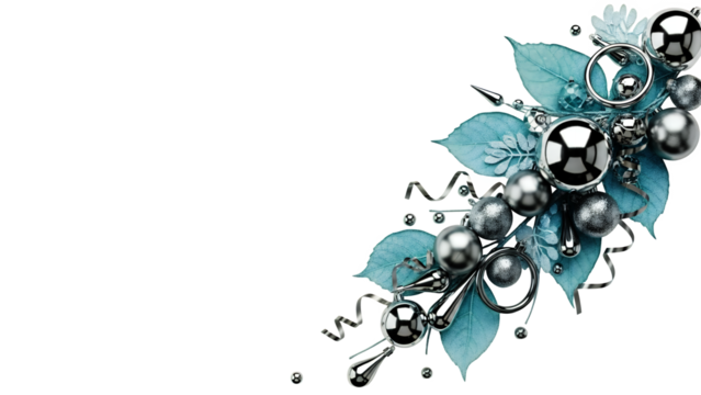Elegant winter holiday corner decoration with metallic silver baubles, rings, and frosty blue leaves, isolated on white - Powered by Adobe