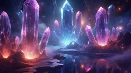 Vibrant crystal landscape glowing with surreal neon lights forming a magical futuristic fantasy atmosphere - Powered by Adobe
