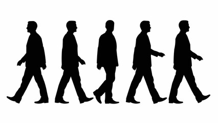Silhouettes of five men walking in a line from left to right.