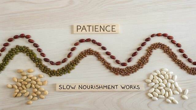 Creative Composition of Various Beans and Seeds with Positive Message Promoting Healthy Eating and Patience in Nutrition