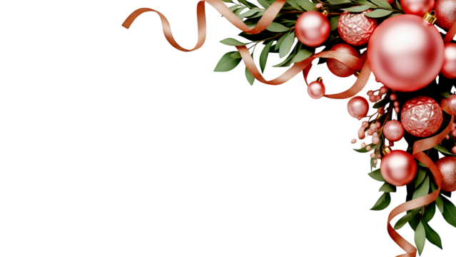 Elegant rose gold christmas ornaments, shimmering ribbons, and green foliage create a festive corner border design on white.