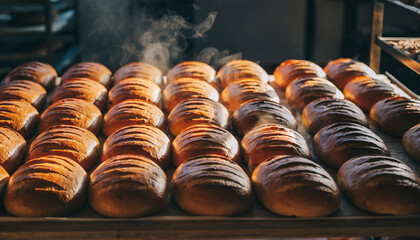 Freshly baked bread loaves arranged in rows ready to serve.