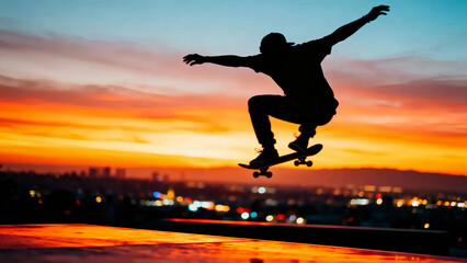 Skateboarder silhouette sunset cityscape urban extreme sports action lifestyle freedom youth recreation skill trick jump air dynamic energy vibrant colorful skyline adventure