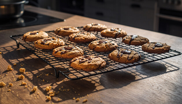 Freshly Baked Chocolate Chip Cookies Cooling on a Wire Rack in a Warm Kitchen Setting.