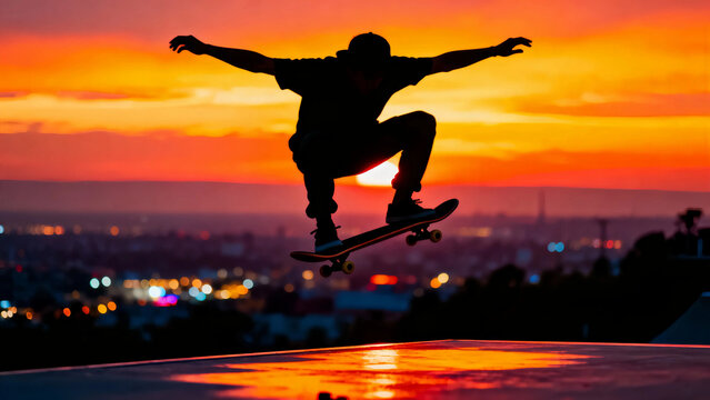 Skateboarder skateboarding skate sunset silhouette jump action sport extreme urban lifestyle freedom youth recreation activity trick skill challenge adrenaline park ramp sky clouds orange - Powered by Adobe