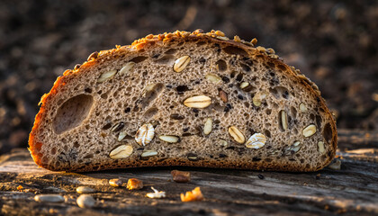 Slice of rustic whole grain bread with seeds on wood.