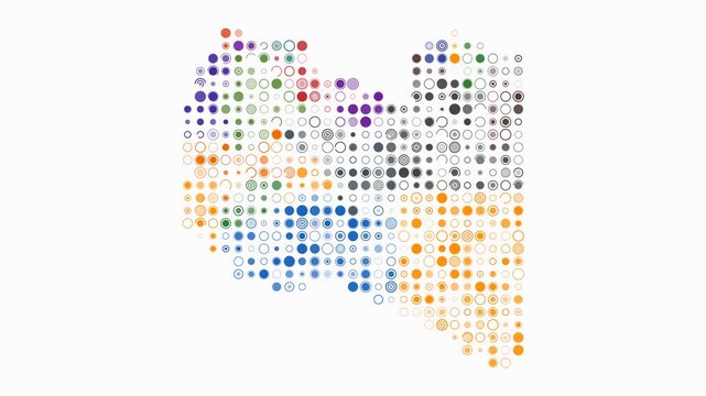 Libya animated country shape. Pulsating colored dots on the map of the country. Large size circle blocks. Digital style Libya map on white background. Artistic animation video.