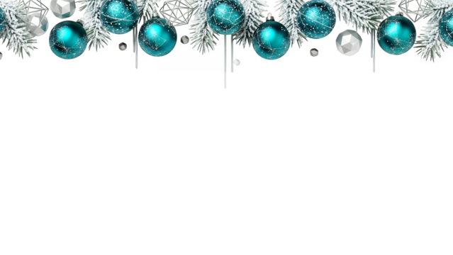 Frosted pine branches with teal and silver christmas ornaments decorative border design, festive holiday season greeting.