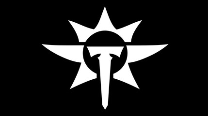 Dynamic abstract white symbol on black background. Starburst and sword icon design, representing strength, power, light, and determination.