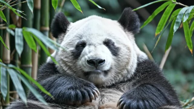 Close up of a giant panda sitting amongst bamboo leaves with soft natural lighting and a green blurred background showing its black and white fur details and peaceful expression