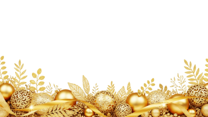 Elegant golden christmas border with shimmering ornaments, glittery leaves, and festive ribbons on a transparent background
