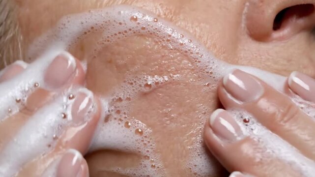 Extreme close up of woman washing face with rich cleansing foam creating fresh deep pore skincare routine and healthy beauty wellness lifestyle concept