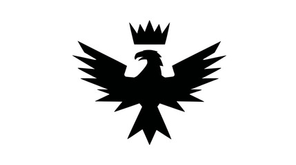 Obraz premium Black silhouette of a majestic crowned eagle or hawk with spread wings, an emblem representing power, royalty, and freedom.
