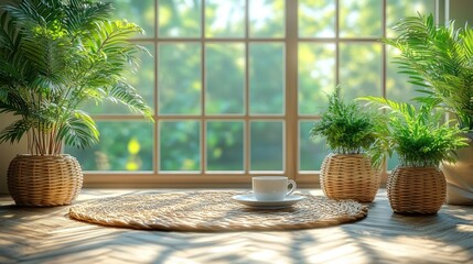 Indoor Tranquility, Coffee Break Amidst Lush Greenery by the Window