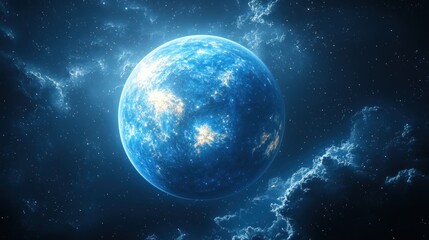 A mesmerizing view of a blue exoplanet amidst swirling nebulas and distant stars, showcasing cosmic beauty and vastness