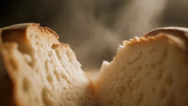 Close-up of a freshly baked loaf of bread broken in half with steam rising from the warm interior.