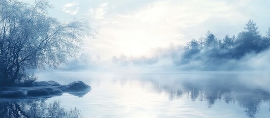 Frosty sunrise over calm lake, misty forest background; winter serenity
