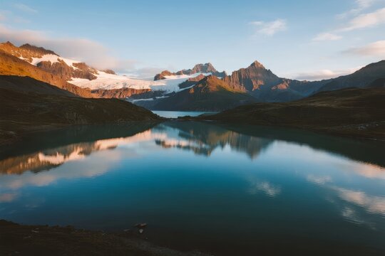 Serene mountain lake reflecting snow-capped peaks under a clear sky