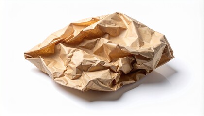 Crumpled brown paper bag on a white background, isolated with natural shadows, perfect for texture, recycling, or packaging concepts.