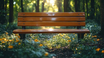 Wooden bench in a forest glade with blooming flowers and sunlight, offering a peaceful spot for contemplation and connection with nature