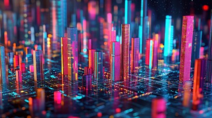 Vibrant digital city landscape with glowing buildings and circuit board streets
