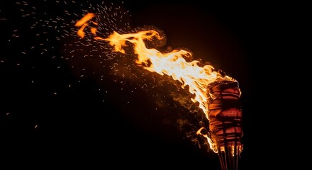 Flaming torch burning with dynamic sparks against a dark night sky for Up Helly Aa festival celebration concept and ancient heritage