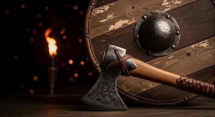Ancient Viking axe and weathered wooden shield resting on a dark surface with a flickering torch, evoking Norse warrior heritage and the Up Helly Aa festival concept