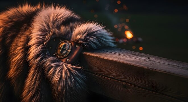 Traditional fur cloak with metal clasp on wooden beam, blurred fire light background for Up Helly Aa festival concept and Norse heritage.