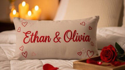 Personalized embroidered pillow with 'Ethan & Olivia' and hearts, on a bed with a romantic red rose and candlelight in a cozy bedroom.