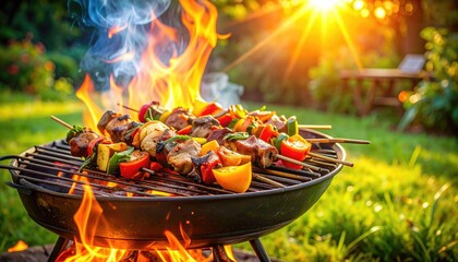 Grilling skewers on outdoor BBQ grill