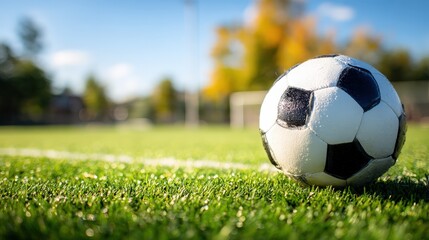Fototapeta premium Traditional black and white sphere rests upon lush green playing surface outdoors