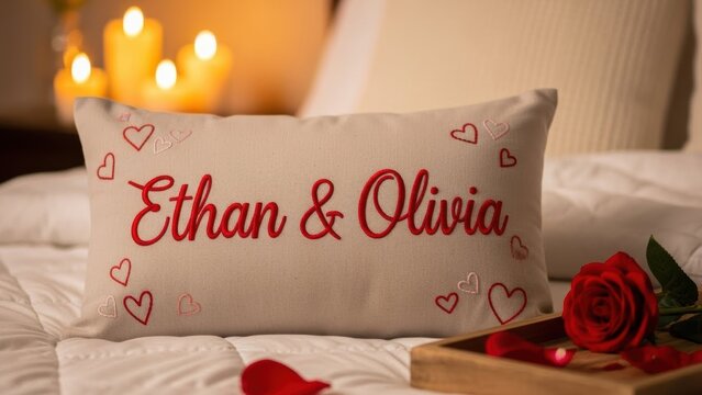 Personalized embroidered pillow with 'Ethan & Olivia' and hearts, on a bed with a romantic red rose and candlelight in a cozy bedroom.