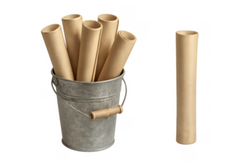 Craft paper rolls and cardboard tubes in metal bucket, packaging and architecture plans on transparent background