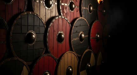 Authentic wooden Viking shields intricately arranged in a shield wall formation within a dark, dramatic setting for Up Helly Aa festival concept and ancient Norse heritage
