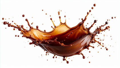 Dynamic coffee or chocolate splash with droplets on a clean white background, showcasing movement and rich brown liquid texture, ideal for beverage and food-related designs.