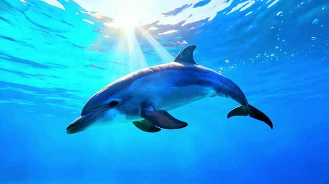 Dolphin ocean sea marine life underwater mammal aquatic animal wildlife nature travel tourism adventure blue water sunshine rays sunlight swimming diving snorkeling exploration conservation