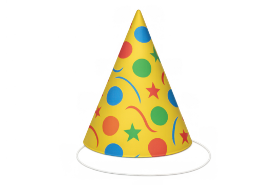 Party hat featuring a yellow background with vibrant red, blue, green circles and stars, perfect for celebrations, on a transparent background - Powered by Adobe