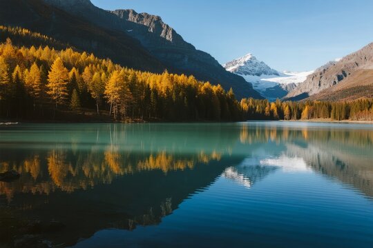 Autumn landscape with golden trees reflecting in a calm lake surrounded by snow-capped mountains