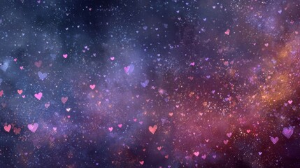 Fototapeta premium Colorful glowing hearts floating in a vibrant galaxy background, cosmic fantasy scene with stars and nebula, romantic and dreamy atmosphere, luminous abstract space design