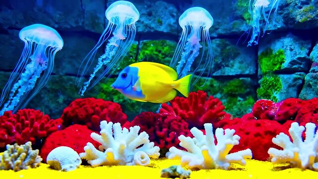 Aquarium fish jellyfish coral reef underwater ocean marine life aquatic nature sea tropical vibrant colorful exotic background wildlife environment beauty ecosystem tank (199)