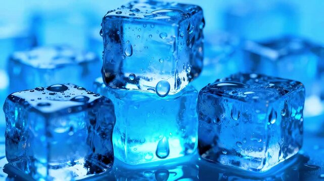 Ice cubes frozen water cold refreshment drink summer cool blue wet transparent crystal fresh chill icy beverage liquid solid block shape texture background surface detail