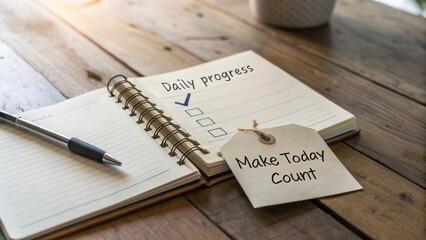 Inspirational Daily Progress Checklist with Motivational Tag on Wooden Table for Effective Planning and Productivity Focus