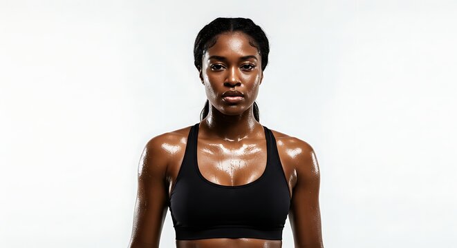 Strong african woman in sportswear covered in sweat isolated on white background after intense workout