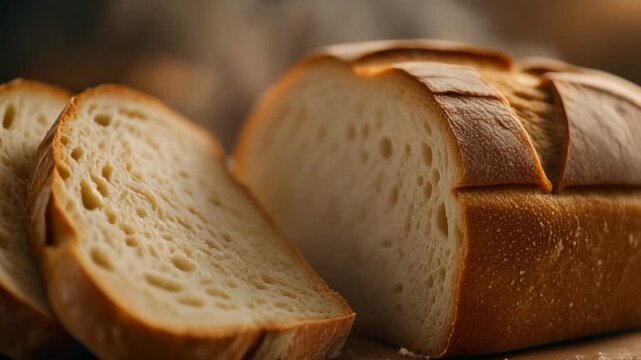 Close-up shot of freshly cut whole wheat bread with gentle steam rising