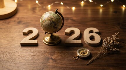 A wooden table displays a globe, the year 2026 in wooden numbers, a compass, and dried flowers. Soft lights create a warm atmosphere. christmas